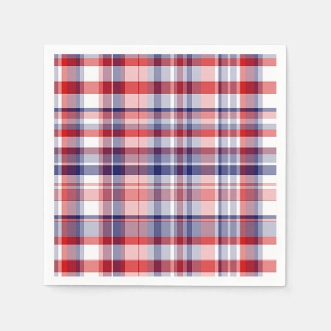Red, White, Blue Preppy Madras Plaid Napkins (Front)
