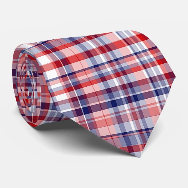 Red, White, Blue Preppy Madras Plaid Neck Tie (Rolled)