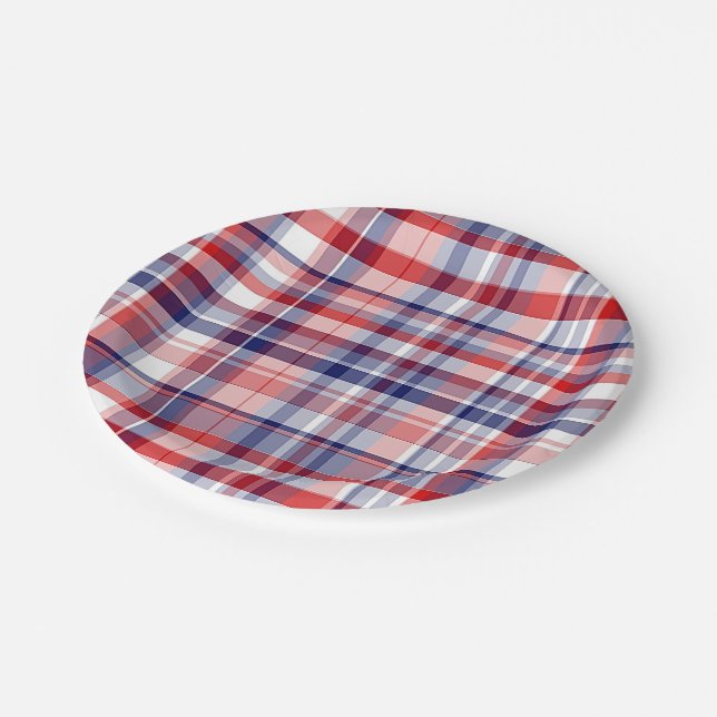 Red, White, Blue Preppy Madras Plaid Paper Plates (Angled)