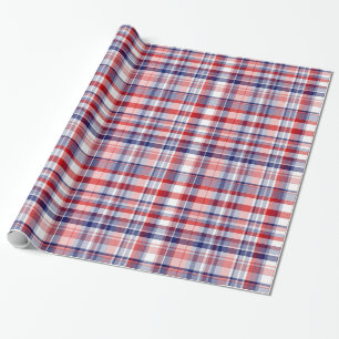Red, White, Blue Preppy Madras Plaid Wrapping Paper