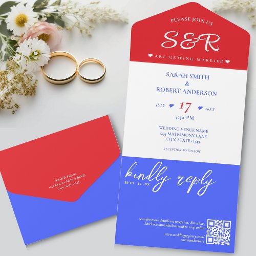 Red White  Blue QR Code Wedding All In One Invitation