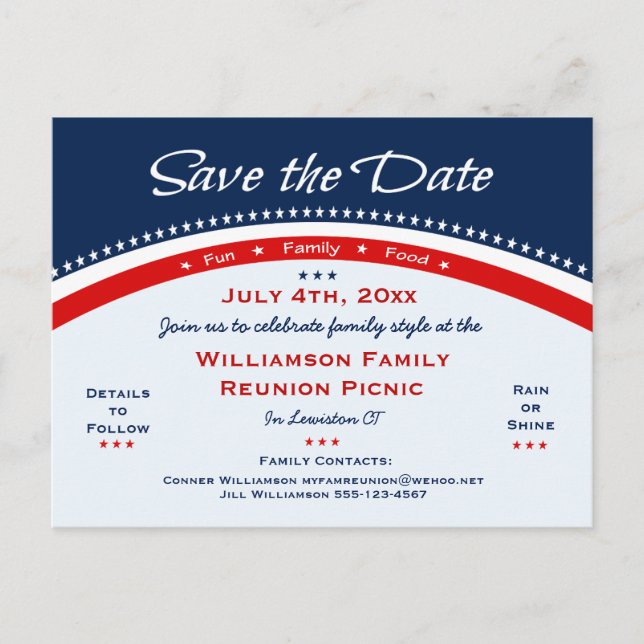 Red White Blue Reunion, Party, Save the Date Announcement Postcard (Front)