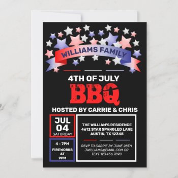 Red White & Blue Ribbon & Stars 4th Of July Bbq Invitation by PartyCardy at Zazzle