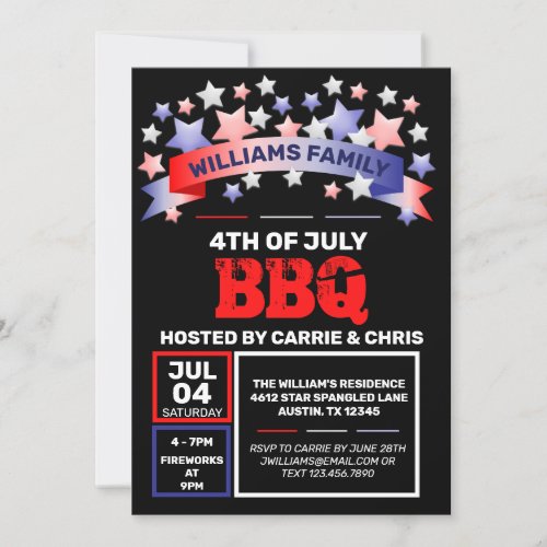 Red White  Blue Ribbon  Stars 4th of July BBQ Invitation