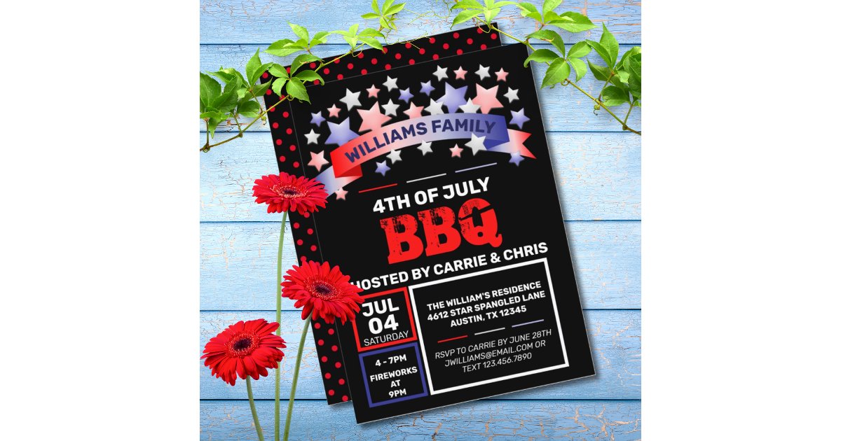 Red White & Blue Ribbon & Stars 4th of July BBQ Invitation | Zazzle