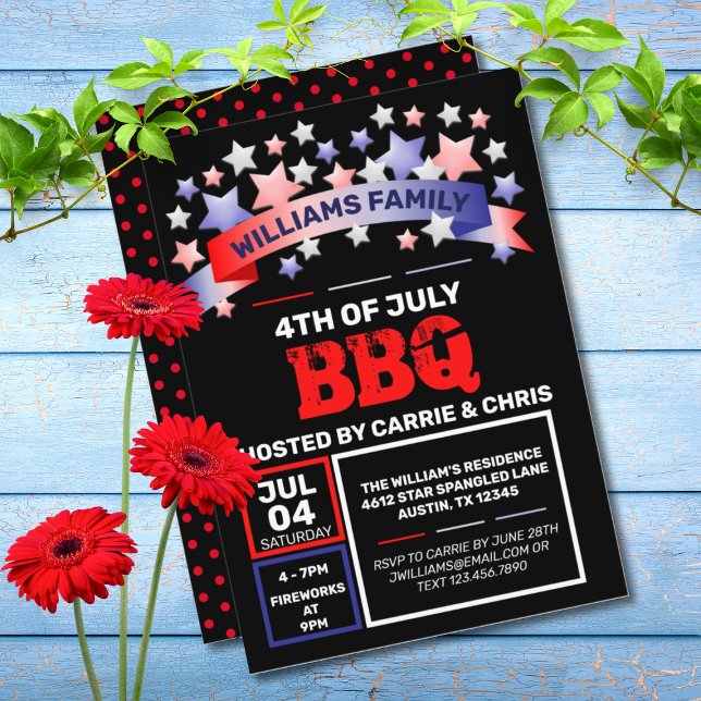 Red White & Blue Ribbon & Stars 4th of July BBQ Invitation (RED, WHITE, & BLUE 4TH OF JULY BBQ INVITATION)