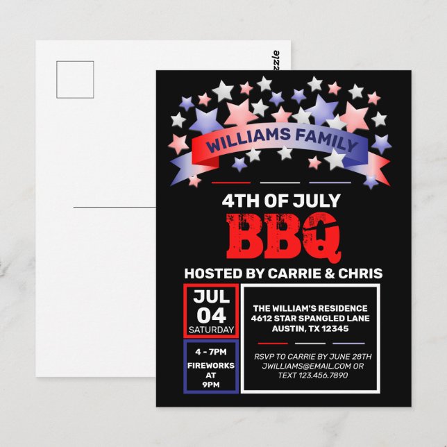 Red White & Blue Ribbon & Stars 4th of July BBQ Postcard (Front/Back)