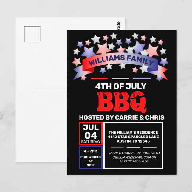 Red White & Blue Ribbon & Stars 4th of July BBQ Postcard | Zazzle