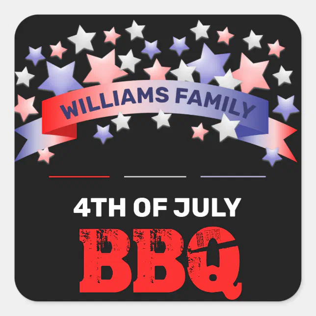 Red White & Blue Ribbon & Stars 4th of July BBQ Square Sticker | Zazzle