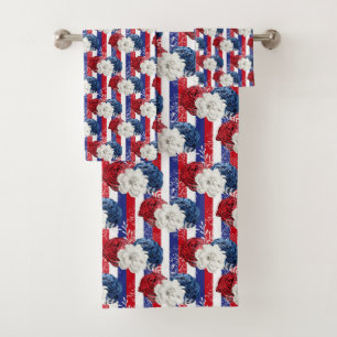 RED WHITE BLUE ROSES AND STRIPES BATH TOWEL SET