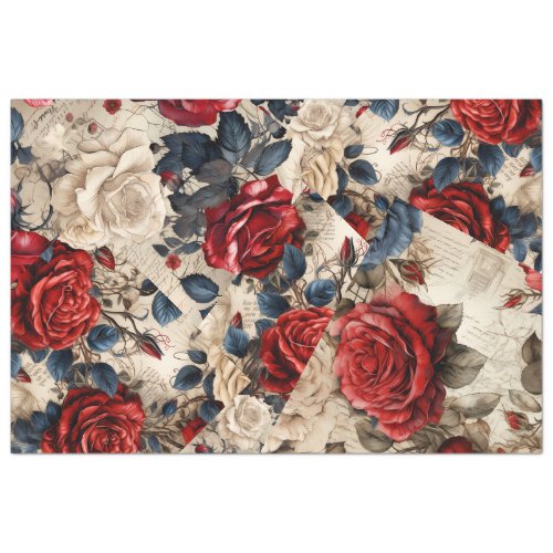 Red White  Blue Roses Vintage Inspired Decoupage Tissue Paper