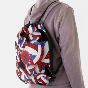 red white blue school colors girly volleyballs drawstring bag