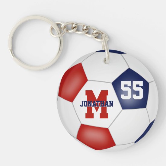 red white blue school colors soccer bag tag keychain