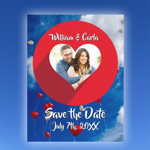 Red White  Blue Sky Heart Balloons Dave The Date Announcement Postcard