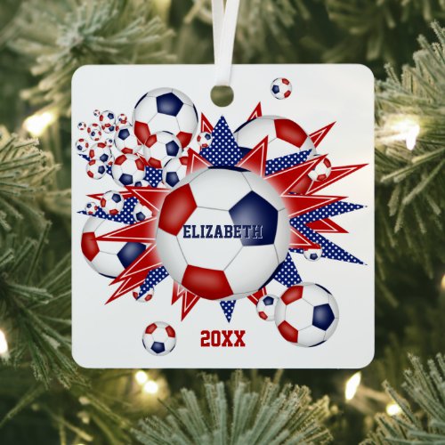 Red white blue soccer ball blowout girl boy sports metal ornament