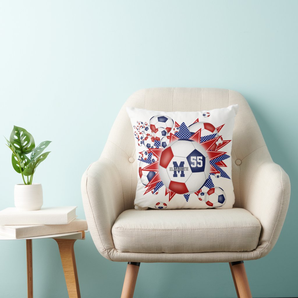 red white blue soccer ball blowout girls sports throw pillow