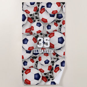 red white blue soccer balls fun sports pattern beach towel
