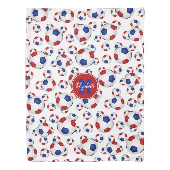 Red white blue soccer balls pattern personalized duvet cover