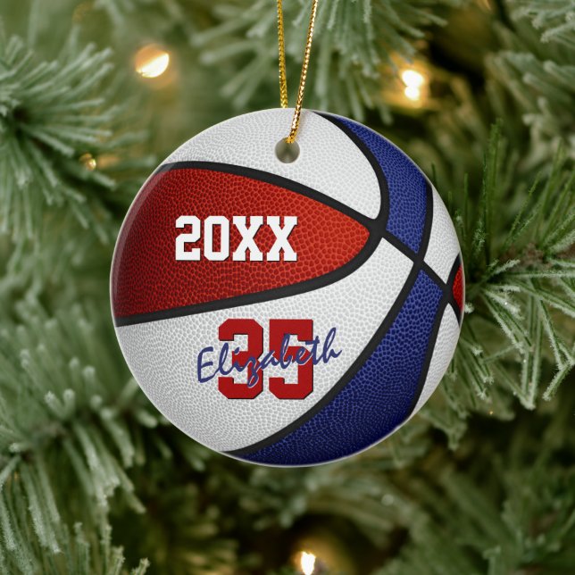 red white blue sports keepsake basketball ceramic ornament (Tree)