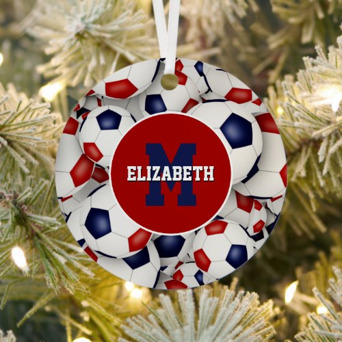 red white blue sports personalized soccer metal ornament