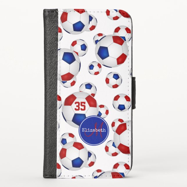 red white blue sporty girls' soccer pattern iPhone wallet case (Front)