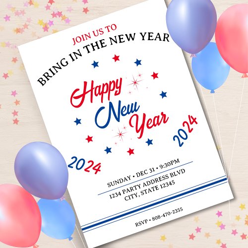 Red White  Blue Star Happy New Year 2024 Invitation