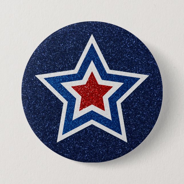 Red, White, Blue Star July 4 Glitter Button (Front)
