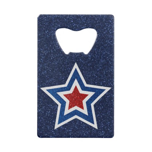 Red White Blue Star July 4 Glitter Credit Card Bottle Opener