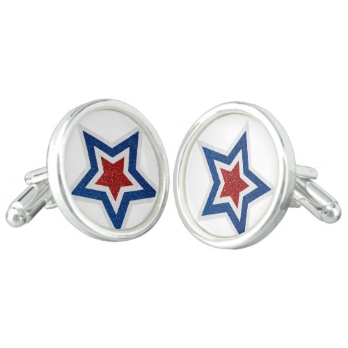 Red White Blue Star July 4 Glitter Cufflinks