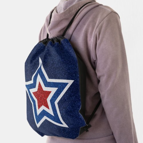 Red White Blue Star July 4 Glitter Drawstring Bag