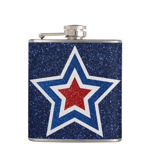 Red White Blue Star July 4 Glitter Flask