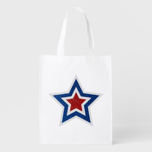 Red White Blue Star July 4 Glitter Grocery Bag