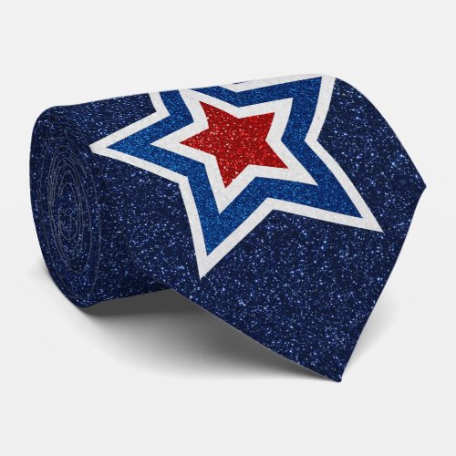 Red White Blue Star July 4 Glitter Neck Tie