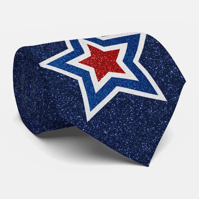 Red, White, Blue Star July 4 Glitter Neck Tie (Rolled)