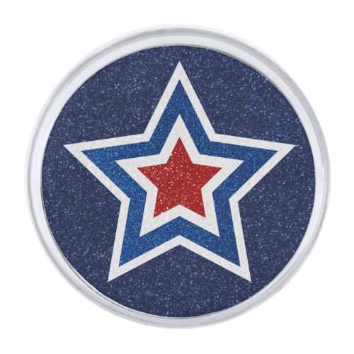 Red White Blue Star July 4 Glitter Silver Finish Lapel Pin