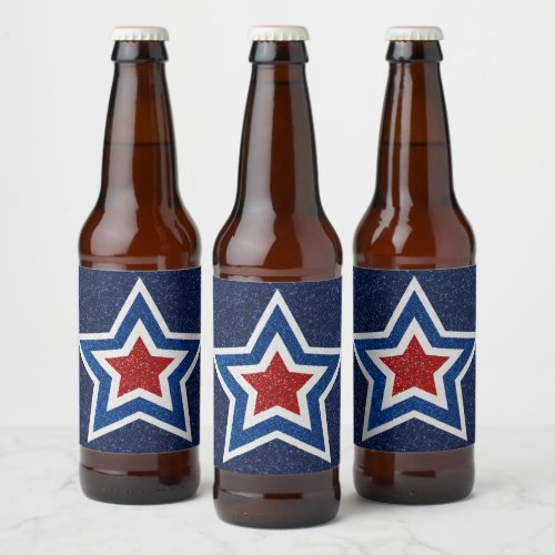 Red White Blue Star July 4th Glitter Beer Bottle Label