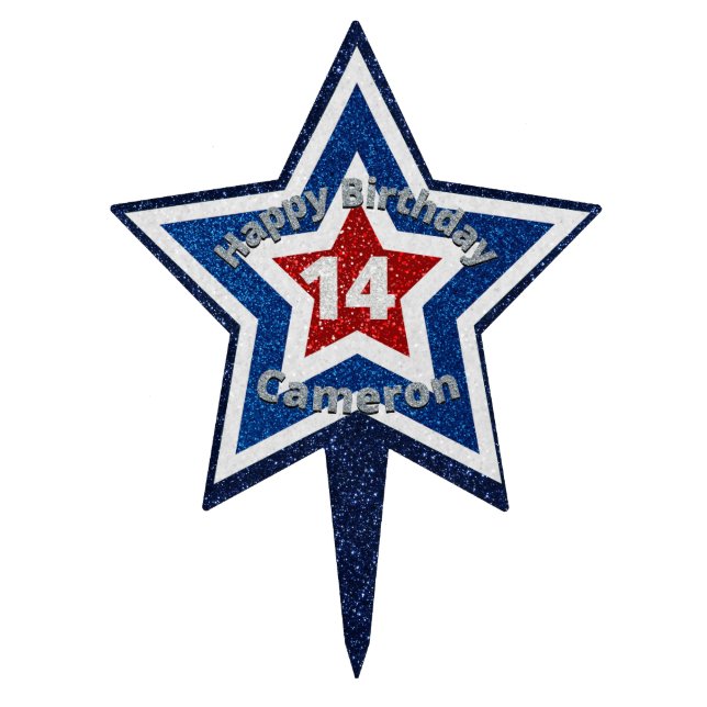 Red, White, Blue Star July 4th Glitter Cake Topper (Front)