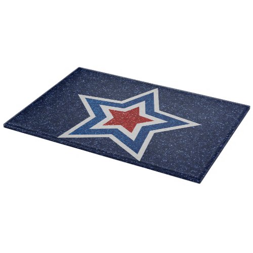 Red White Blue Star July 4th Glitter Cutting Board