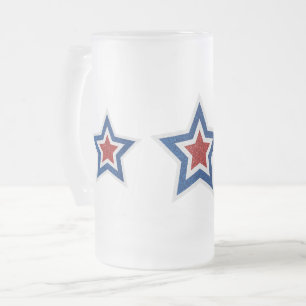 Red, White, Blue Star July 4th Glitter Frosted Glass Beer Mug