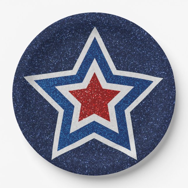 Red, White & Blue Star July 4th Glitter Paper Plates (Front)