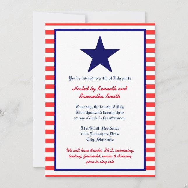 Red White & Blue Star - Party Invitation (Front)