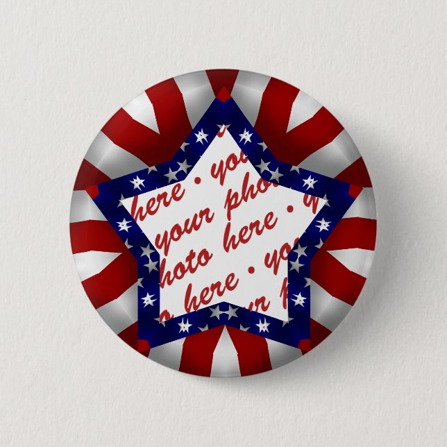 Red White & Blue Star Shaped Photo Frame Pinback Button (Front)