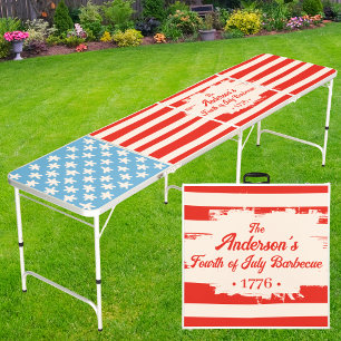 Red White &Blue Star & Stripe Family Name Barbecue Beer Pong Table