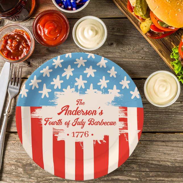 Red White&Blue Star & Stripe Family Name Barbecue Paper Plates (Creator Uploaded)