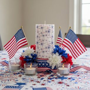 Red white & blue starbursts  pillar candle