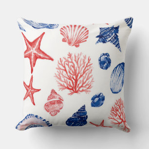 RED WHITE BLUE STARFISH SEASHELLS & PLANTS THROW PILLOW