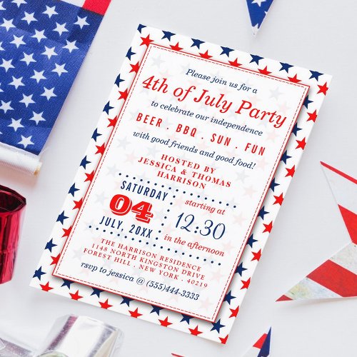 Red White  Blue Stars 4th Of July Party Invitation