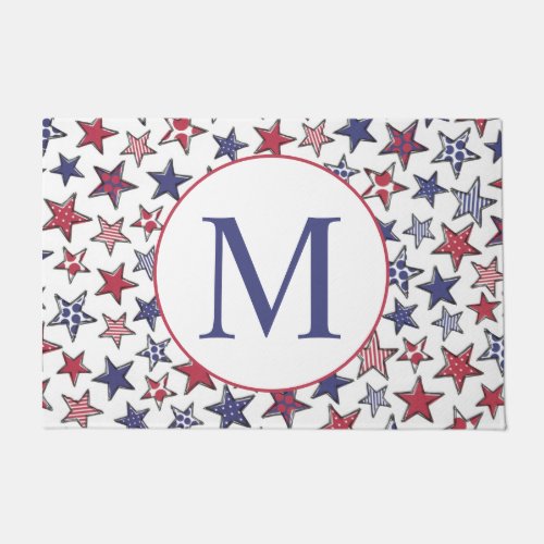 Red White Blue Stars America Patriotic Monogram  Doormat