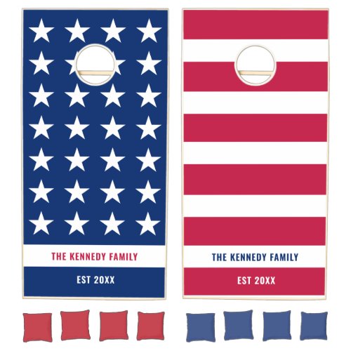 Red White Blue Stars And Stripes Family Name Cornhole Set