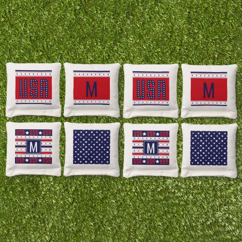 Red White Blue Stars and Stripes Monogram Cornhole Bags